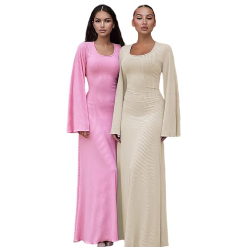 ZGMYC Women's Scoop Neck Lace Up Ribbed Maxi Dress Knit Flare Sleeve Bodycon Dress Loose Casual Long Dresses Apricot - Image 4