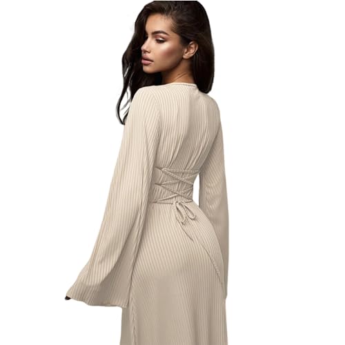 ZGMYC Women's Scoop Neck Lace Up Ribbed Maxi Dress Knit Flare Sleeve Bodycon Dress Loose Casual Long Dresses Apricot - Image 3