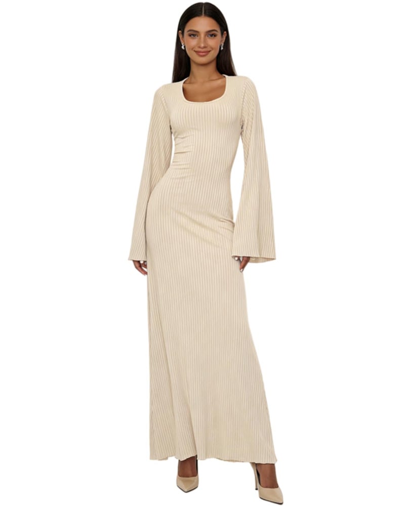 ZGMYC Women's Scoop Neck Lace Up Ribbed Maxi Dress Knit Flare Sleeve Bodycon Dress Loose Casual Long Dresses Apricot - Image 2