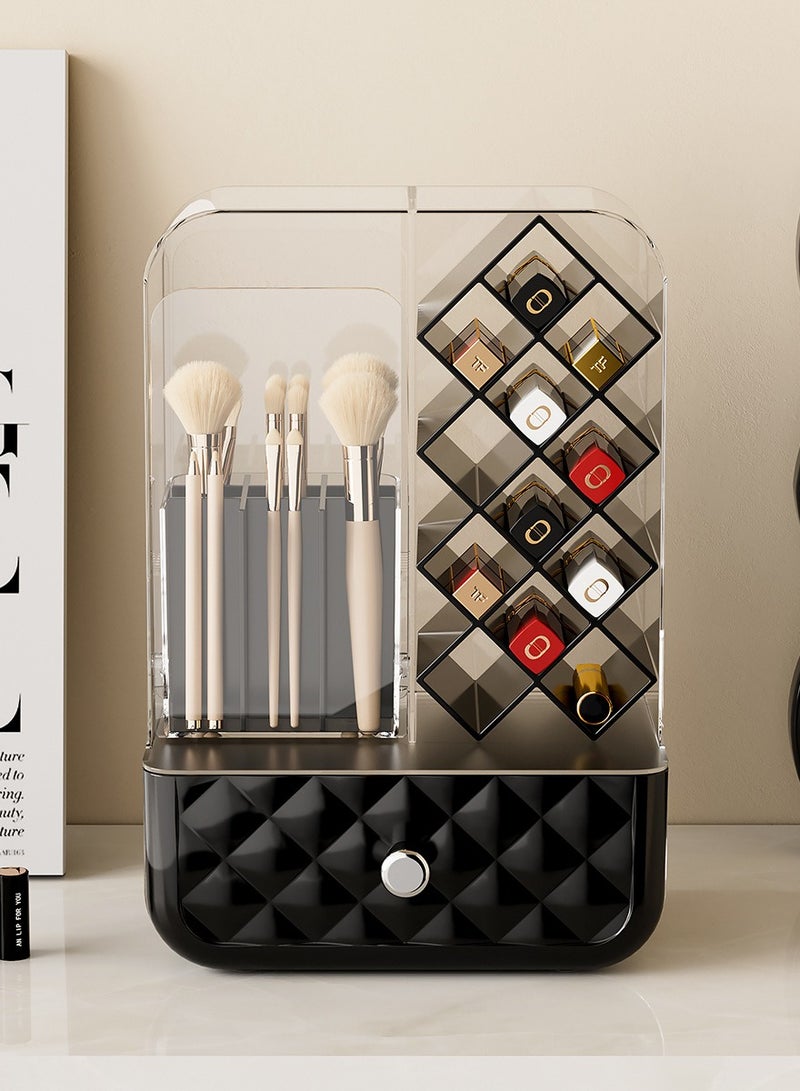 Makeup Organizer with Drawer and Brush Holder, Countertop Tilt Open Design Makeup Brush Holder with Lipstick Holder and Bottom Drawer, Cosmetic Organizer for Vanity Bathroom Countertop Office Home - Image 1