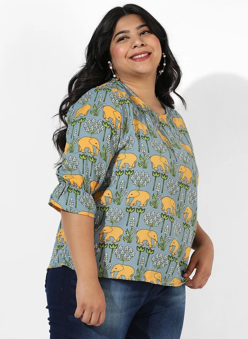 Instafab Plus Women's Sage Green Elephant Print Top