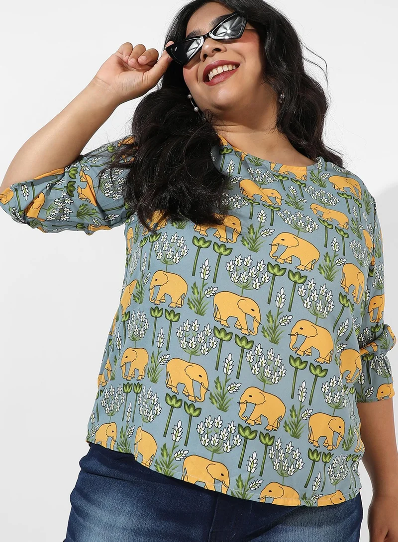 Instafab Plus Women's Sage Green Elephant Print Top