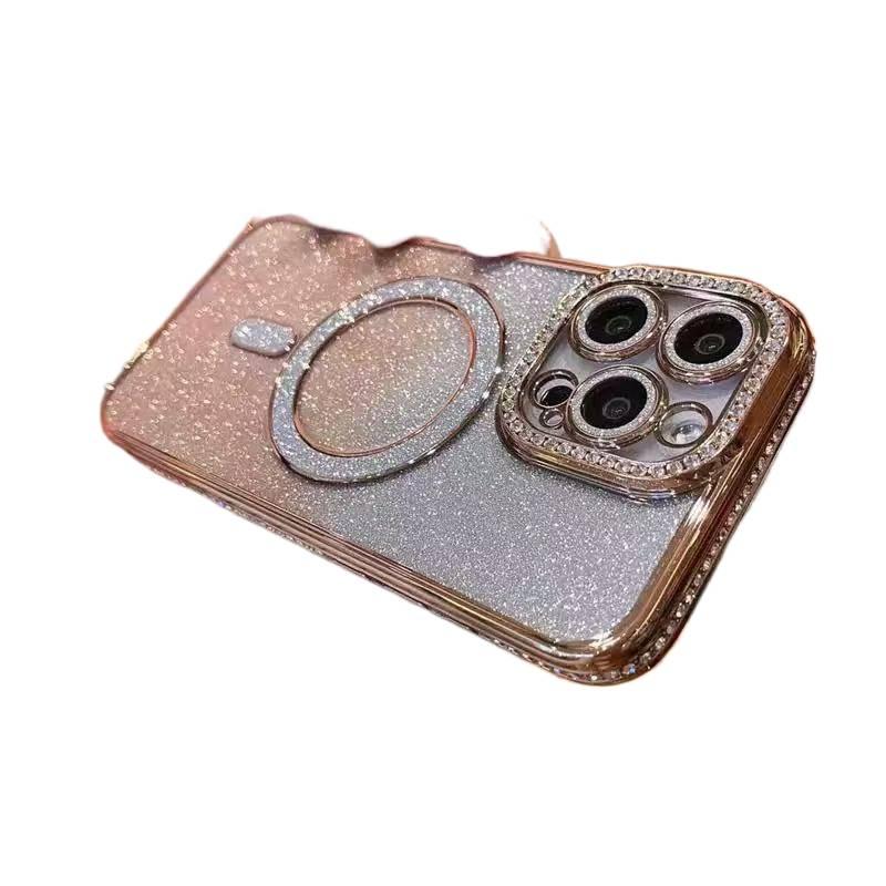 غطاء MagSafe بTPU لـ iPhone 15 / 15 Plus / 15 Pro / 15 Pro Max مع حماية من السقوط ومغناطيس قوي مع مقاوم للصدمات مع كريستال راينستون مع بريق لامع باللون Gold مغناطيسي بتفاصيل مرصعة. - Image 1