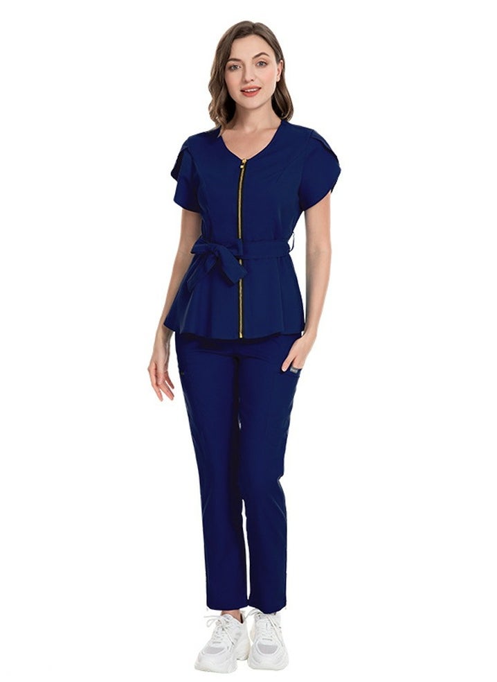 Loquat Womens Medical Uniform Scrubs 2 Piece Set Strap Up Waist Zipper Top and Elastic Waist Straight Pants Suit Navy Blue  - Image 1