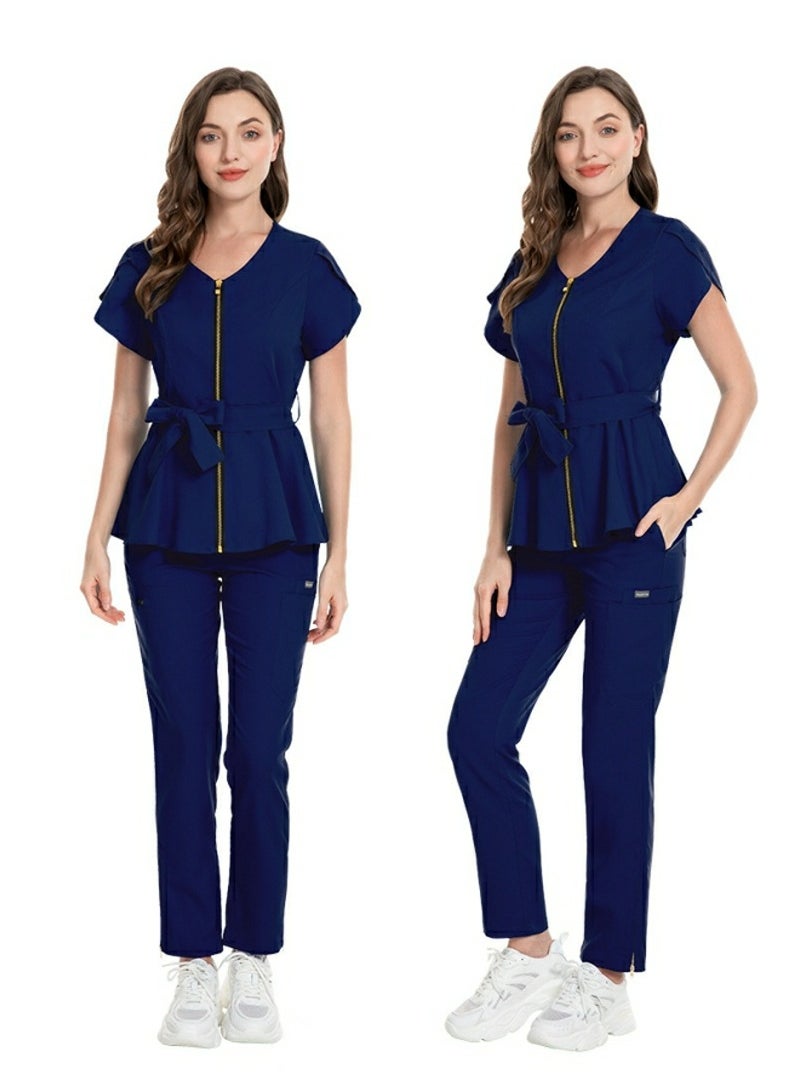 Loquat Womens Medical Uniform Scrubs 2 Piece Set Strap Up Waist Zipper Top and Elastic Waist Straight Pants Suit Navy Blue  - Image 2
