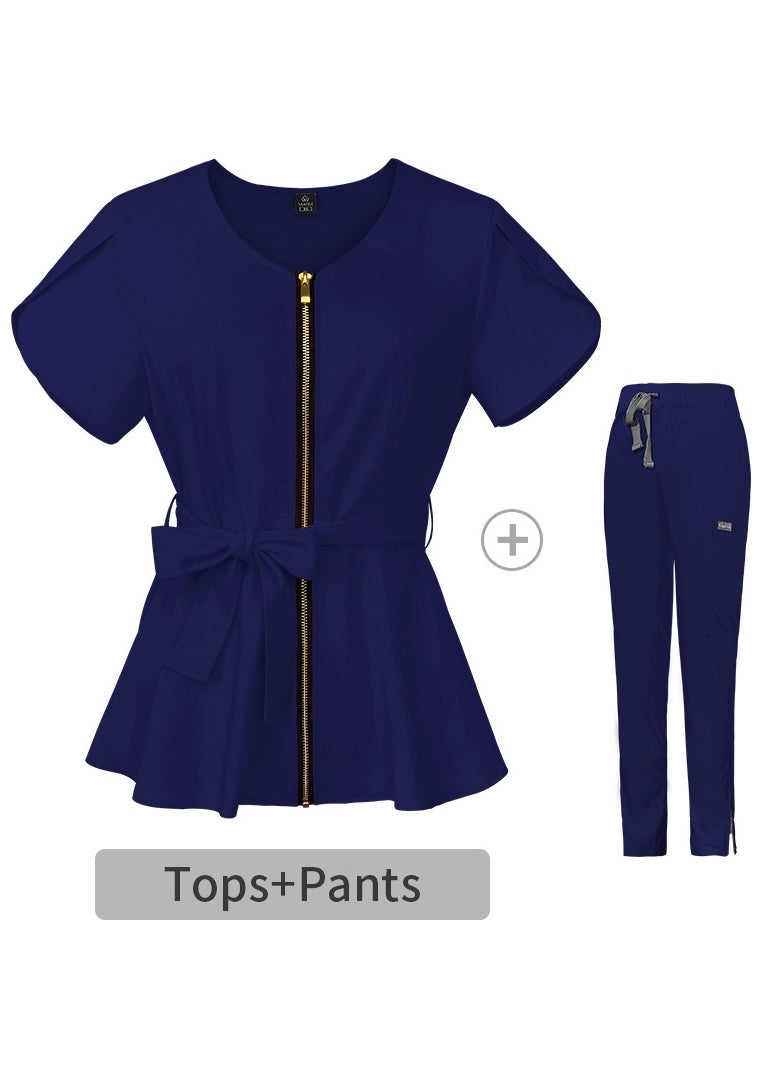 Loquat Womens Medical Uniform Scrubs 2 Piece Set Strap Up Waist Zipper Top and Elastic Waist Straight Pants Suit Navy Blue  - Image 3