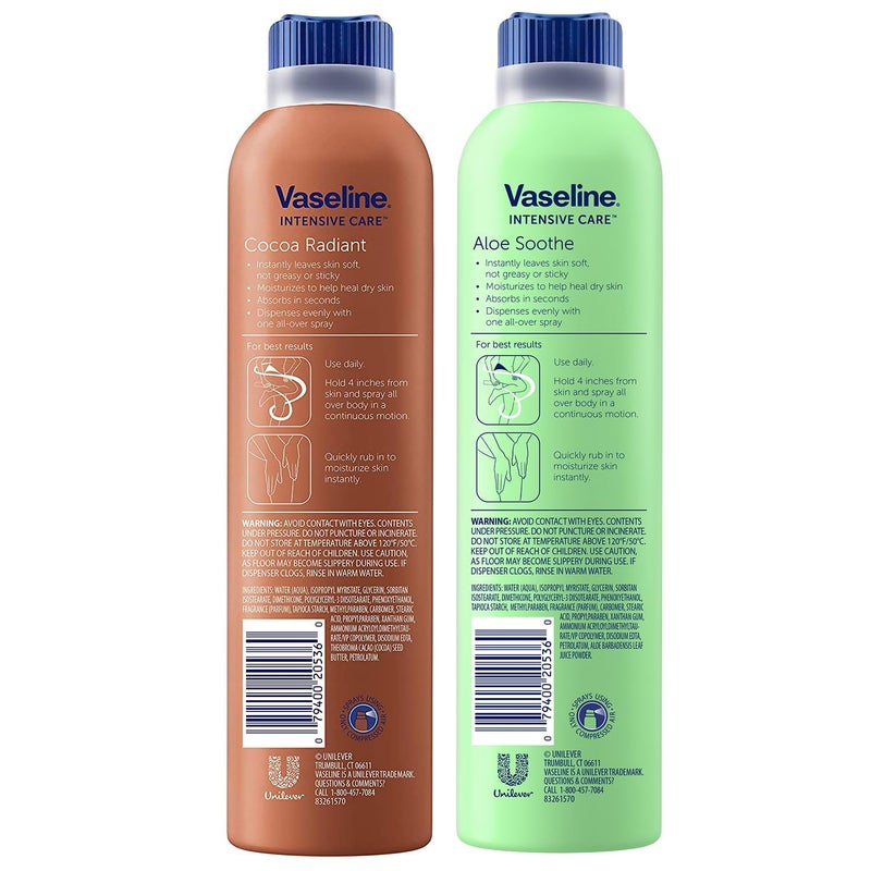 Vaseline بخاخ فازلين كاكاو راديانت + بخاخ الألوة سوذ مجموعة 2-pack - مرطب غير دهني، سريع الامتصاص لجميع أنحاء الجسم للبشرة الجافة، 6.5 أونصة لكل منهما - Image 2