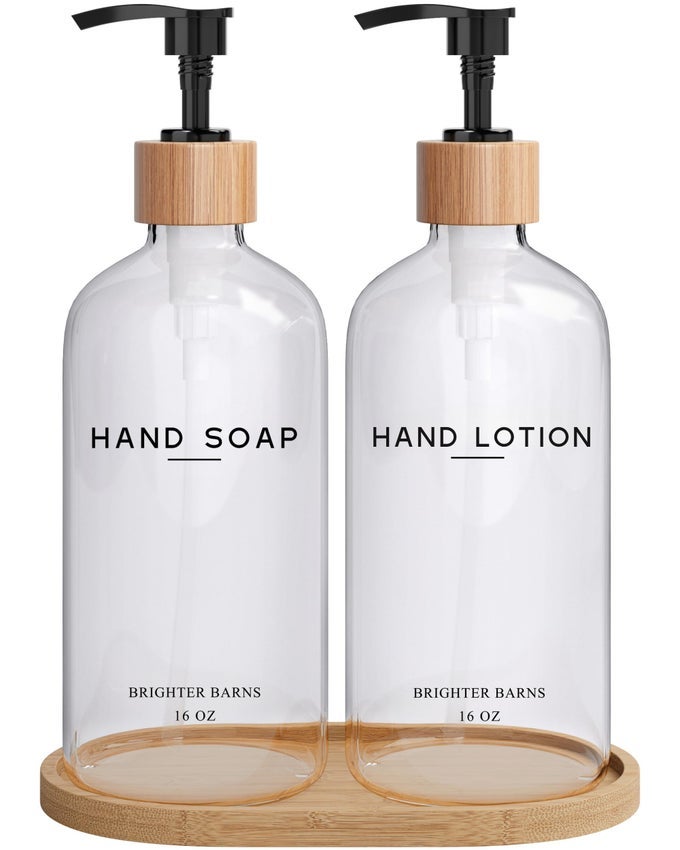 CLEAR GLASS SOAP AND LOTION DISPENSER SET WITH TRAY BY HAND SOAP DISPENSER BATHROOM SET LIQUID SOAP DISPENSER AND BPAFREE PUMP NEUTRAL HOME DECOR MODERN BATHROOM ACCESSORIES