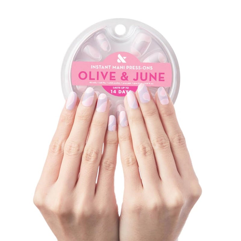 Olive & June Instant Mani Press-On Nails (Glue) | 42 Fake Nails, 21 Sizes | Non-Toxic, Long-Lasting Recycled Materials Realistic Look | Spring Flowers & Patterns | Short, Round | Groovy Swirl - Image 1