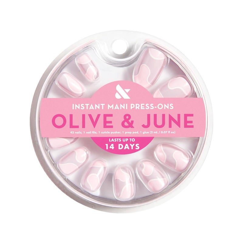 Olive & June Instant Mani Press-On Nails (Glue) | 42 Fake Nails, 21 Sizes | Non-Toxic, Long-Lasting Recycled Materials Realistic Look | Spring Flowers & Patterns | Short, Round | Groovy Swirl - Image 2
