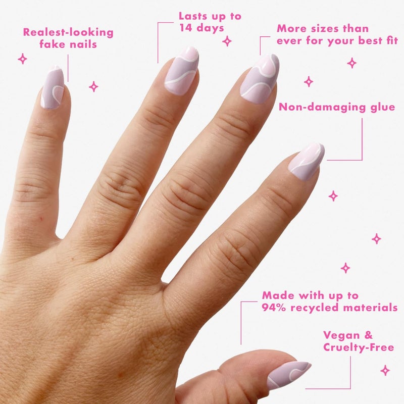 Olive & June Instant Mani Press-On Nails (Glue) | 42 Fake Nails, 21 Sizes | Non-Toxic, Long-Lasting Recycled Materials Realistic Look | Spring Flowers & Patterns | Short, Round | Groovy Swirl - Image 4