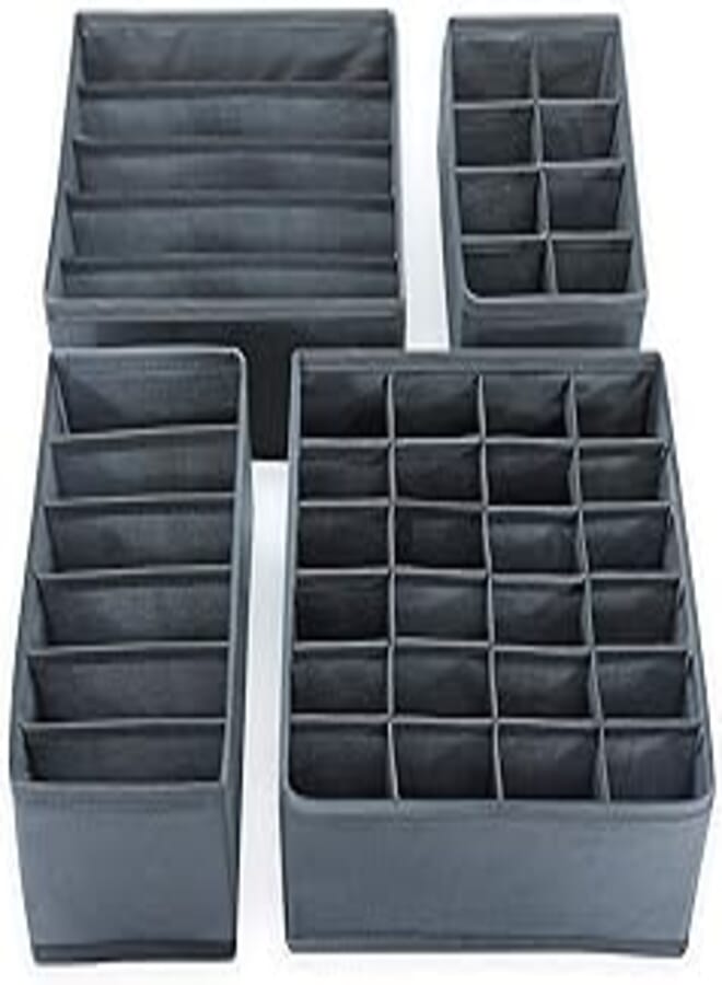 MAXPORIUM 4-Pieces Clothes Drawer Organisers Divider - Foldable Wardrobe Organiser - Fabric Underwear Storage Boxes for Bras, Baby Socks, Ties - Grey 