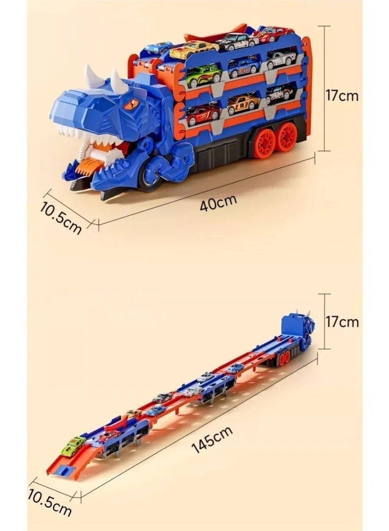 Dinosaur Truck Toys 13 in 1 Transport Car Carrier Truck with 12 Die-Cast Race Cars, Foldable Race Track, Track Toy Set, Transformable Racing Track Truck, Storage Transport Cars for Kids 3+ - Image 2