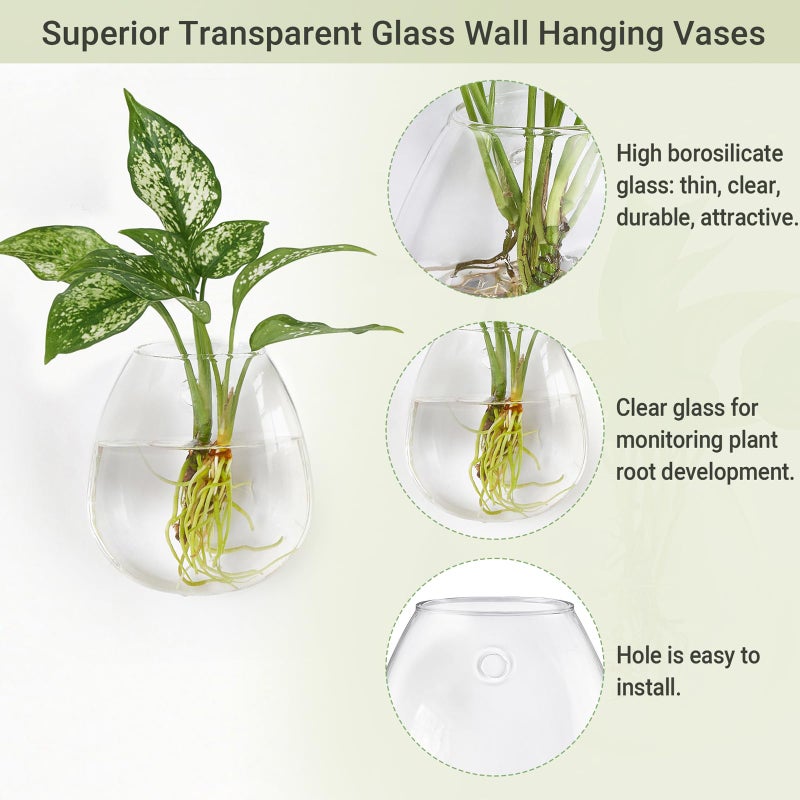 Dahey Propagation Stations Wall Hanging Planters Glass Wall Mounted Vases Oblate Terrarium for Flowers Hydroponics Indoor Plants Home Bathroom Office Decor, 4.7" W x 5.1" H, 4 Pack - Image 4