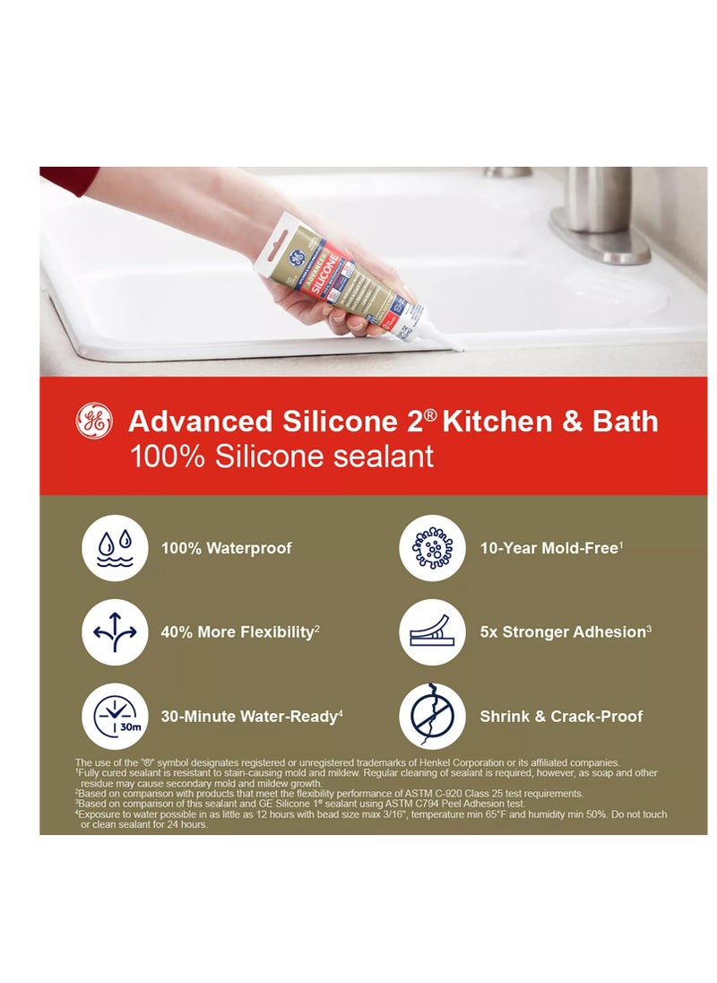 GE - GE Advanced Silicone Caulk for Kitchen & Bathroom - 100% Waterproof Silicone Sealant, 5X Stronger Adhesion, Shrink & Crack Proof - 2.8 fl oz Tube, White, 1 Pack - Image 1