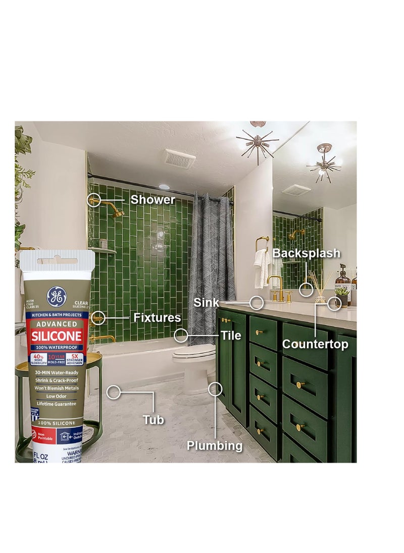 GE - GE Advanced Silicone Caulk for Kitchen & Bathroom - 100% Waterproof Silicone Sealant, 5X Stronger Adhesion, Shrink & Crack Proof - 2.8 fl oz Tube, White, 1 Pack - Image 1