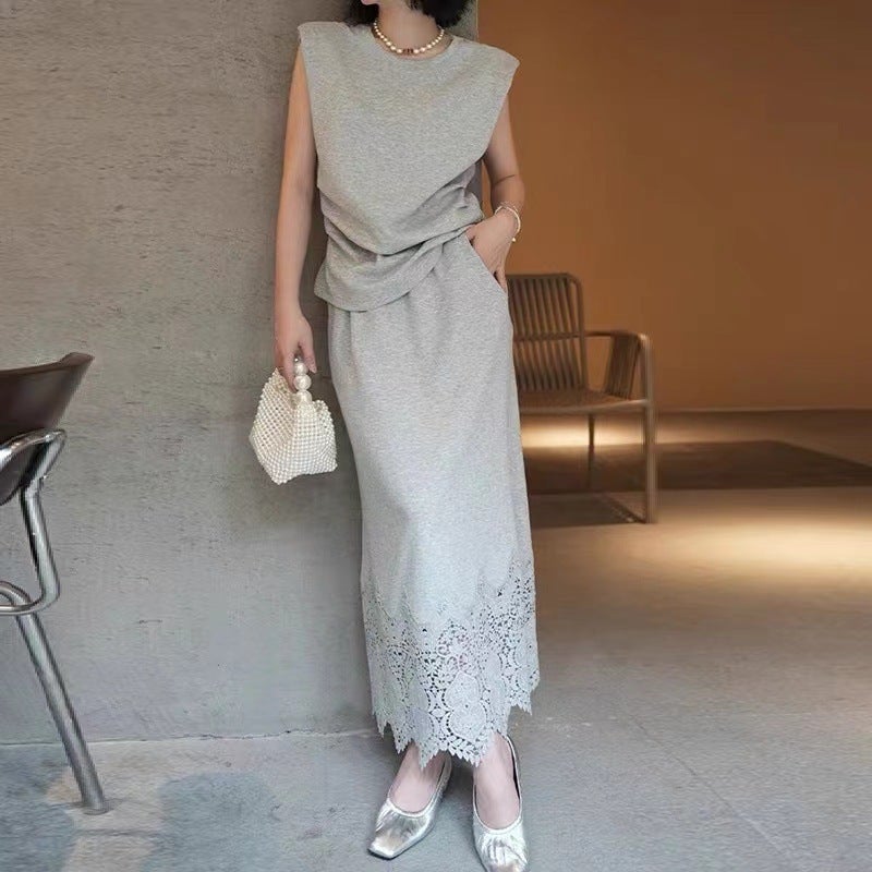 Shenzhen Nanyou Women'S European Sleeveless Backless T-Shirt Top Lace Patchwork Skirt Suit Women - Image 1