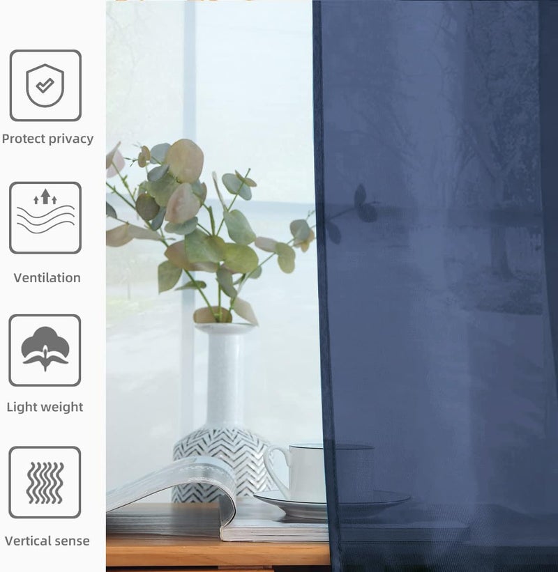 youleyar Solid Sheer Rod Pocket Curtain Voile Draperies 2 Panels White Beige Black Grey Coffee 52 Inch Width 84 Inch Long 1 Pair for Kitchen Bedroom Children Living Room Yard (Navy,52Wï½˜84L) - Image 5