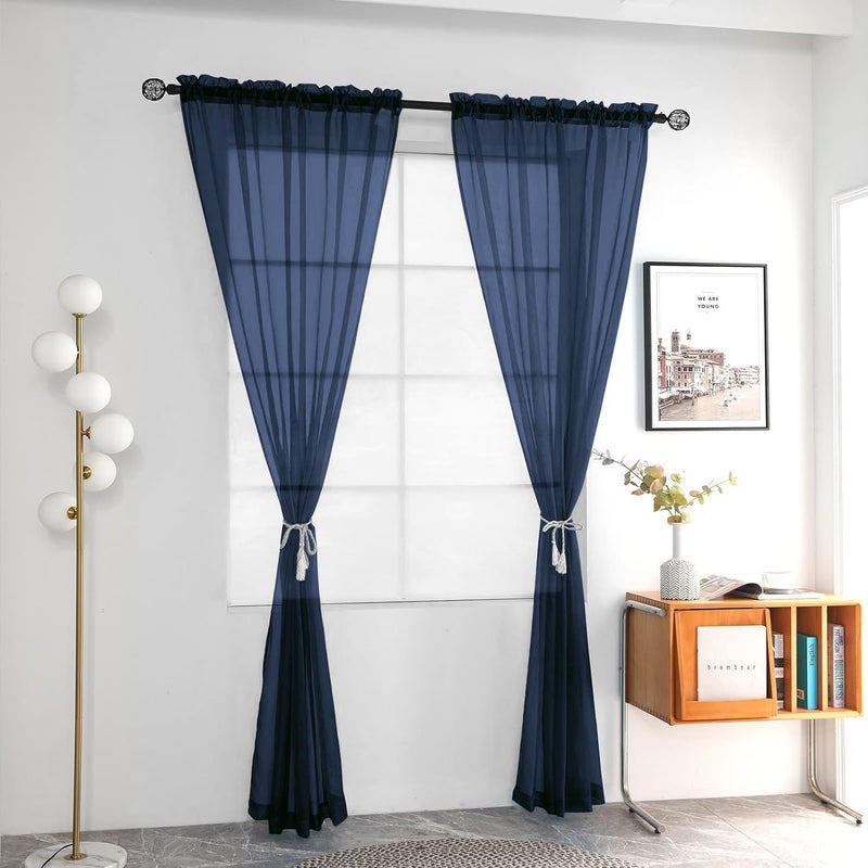 youleyar Solid Sheer Rod Pocket Curtain Voile Draperies 2 Panels White Beige Black Grey Coffee 52 Inch Width 84 Inch Long 1 Pair for Kitchen Bedroom Children Living Room Yard (Navy,52Wï½˜84L) - Image 2
