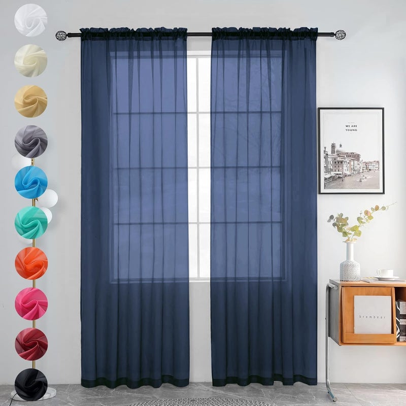 youleyar Solid Sheer Rod Pocket Curtain Voile Draperies 2 Panels White Beige Black Grey Coffee 52 Inch Width 84 Inch Long 1 Pair for Kitchen Bedroom Children Living Room Yard (Navy,52Wï½˜84L) - Image 1