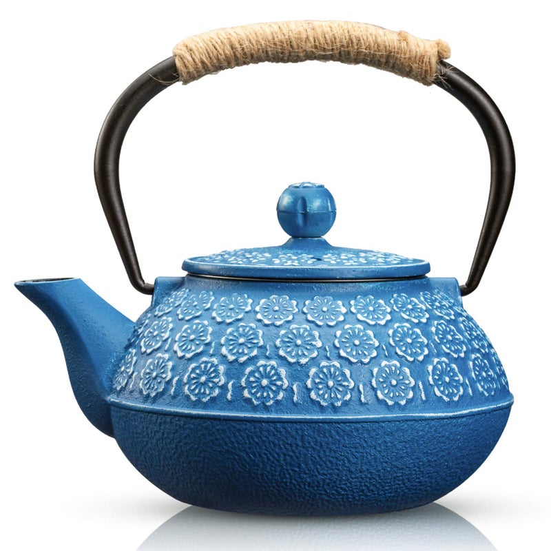 SUSTEAS Cast Iron Teapot 900ml Tetsubin Japanese Tea Kettle with Infuser for Loose Leaf and Tea Bags Tea Pot Coated with Enameled Interior Dark Blue