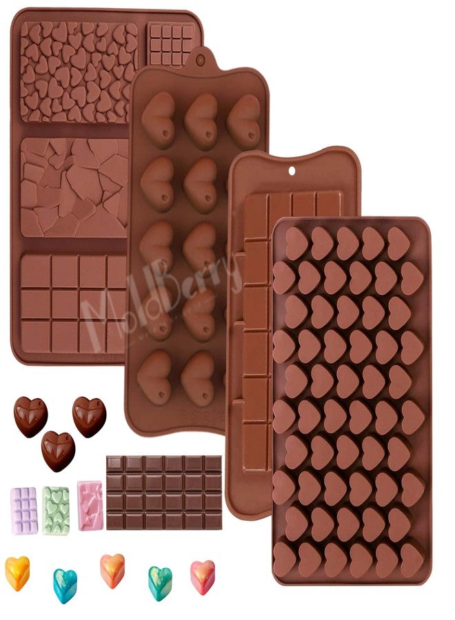 MoldBerry Silicone Chocolate Mould Combo Pack of 4 | 9 Cavity Chocolate Bar, 15 Heart Mold, 55 Mini Heart Mold & Kunafa Chocolate Bar Mould | Reusable Non-Stick Baking & Candy Making Molds - Image 1