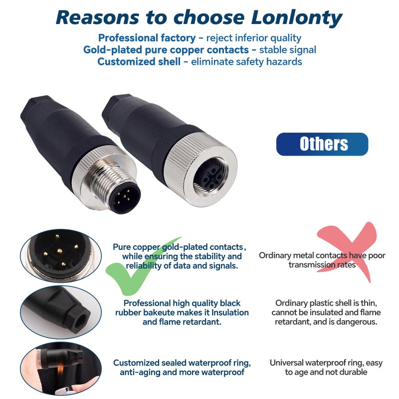 Lonlonty M12 5 Pin Male & Female Socket Panel Aviation Wire Connector,12mm Industrial Circular Connector, Outdoor Waterproof IP67,4 Sets - Image 5