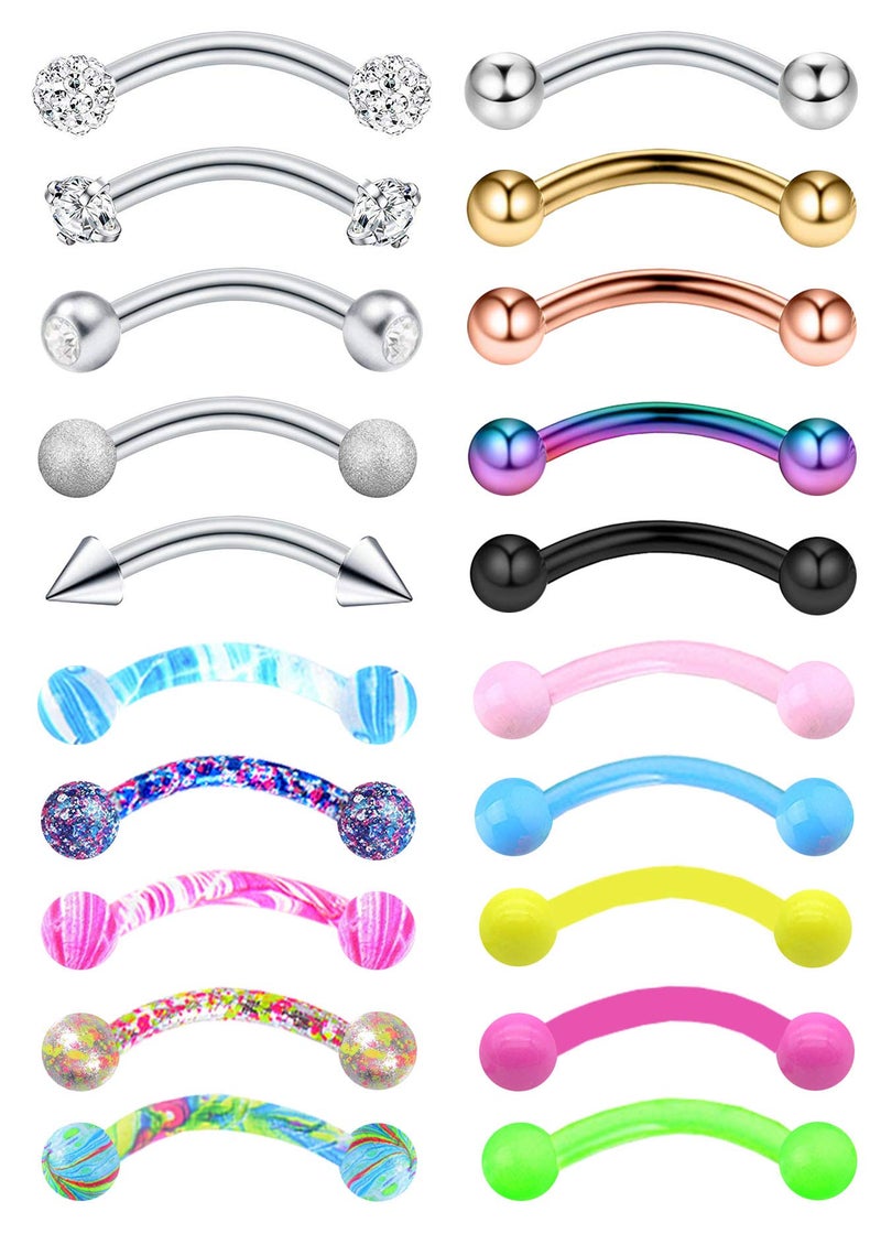 EVELICAL 20Pcs 16G Eyebrow Piercing Rook Curved Barbell Kit Eyebrow Tragus Lip Rings for Women Men 8mm