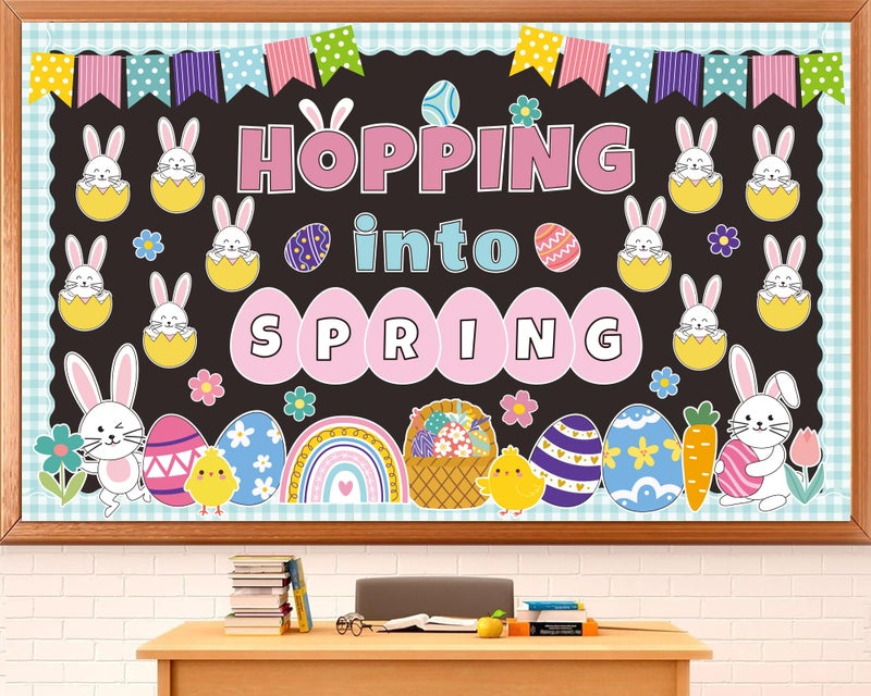 Polaxium Easter Bulletin Board Set Spring Easter Bunny Eggs Bulletin Board Classroom Decorations Hopping into Spring Cutouts for Teacher Classroom School Office Chalkboard Wall Home Decor - Image 1
