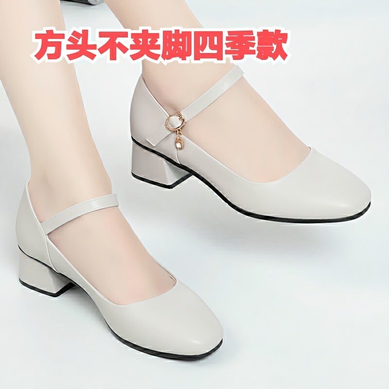 [Shop Selling] Stewardess Long-Standing Work Shoes Women'S Black One-Word Buckle Middle-Heel Leather Shoes Not Tired To Work - Image 3