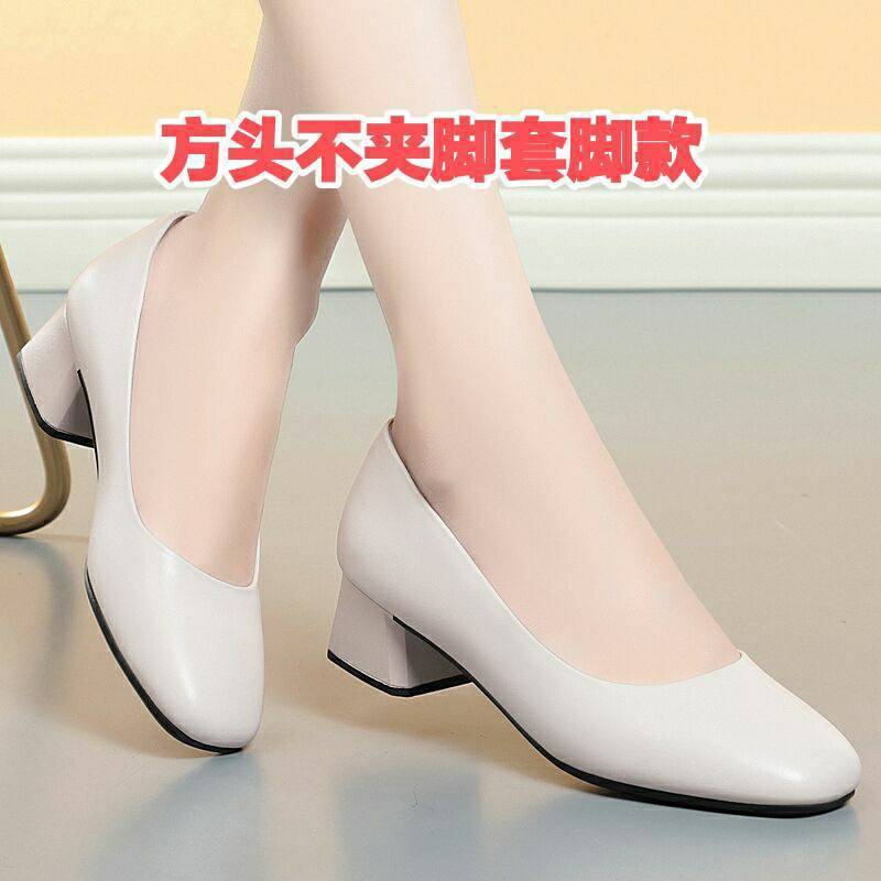 [Shop Selling] Stewardess Long-Standing Work Shoes Women'S Black One-Word Buckle Middle-Heel Leather Shoes Not Tired To Work - Image 1