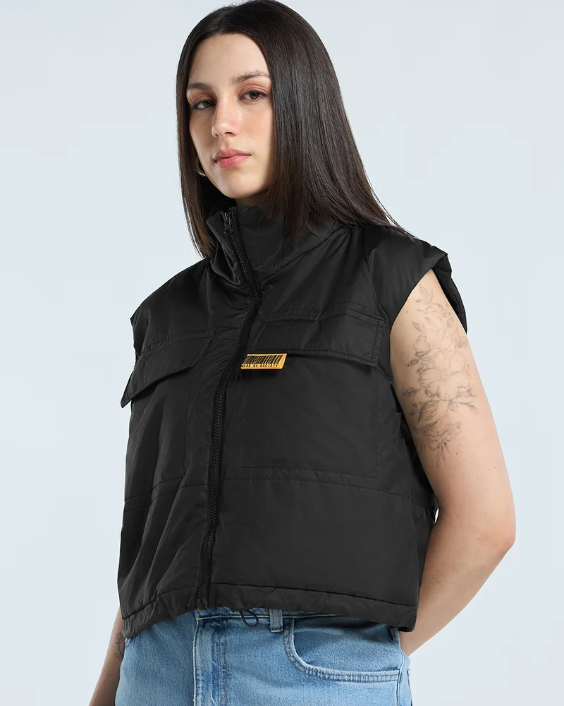 bewakoof Women's Black Oversized Gilet Jacket
