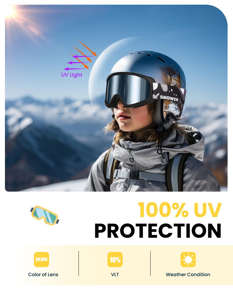 SNOWER Kids Ski Goggles, Anti-Fog Snow Goggles with OTG Design, 100% UV Protection, HD Lens for Kids Boys Girls - Image 2