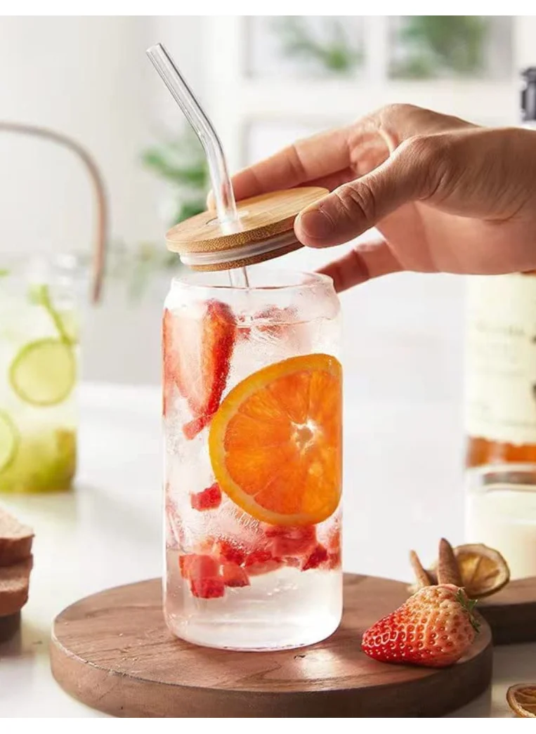1Chase Borosilicate Drinking Glasses Set, Can Shaped Glass Cup with Bamboo Lid Straw and Cleaning Brush Set Of 2 550 ML
