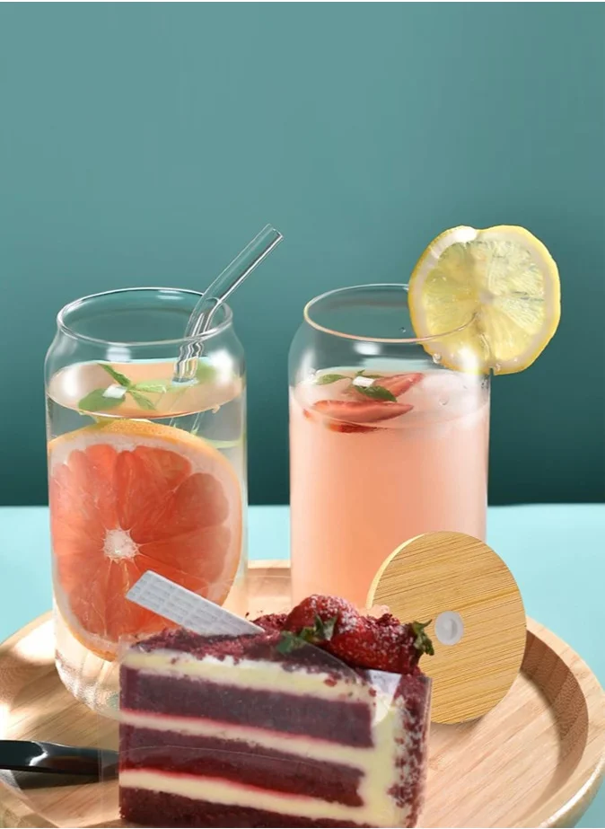 1Chase Borosilicate Drinking Glasses Set, Can Shaped Glass Cup with Bamboo Lid Straw and Cleaning Brush Set Of 2 550 ML