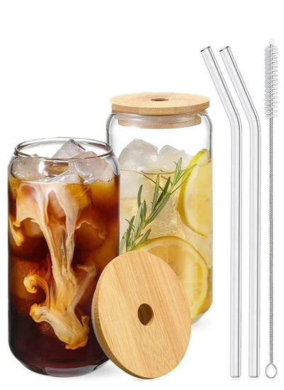 1Chase Borosilicate Drinking Glasses Set, Can Shaped Glass Cup with Bamboo Lid Straw and Cleaning Brush Set Of 2 550 ML