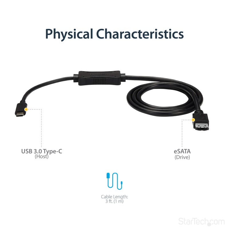 StarTech.com USB C to eSATA Cable - 3 ft / 1m - 5Gbp - for HDD/SSD/ODD - External Hard Drive Adapter - USB 3.0 to eSATA Converter (USB3C2ESAT3) - Image 4