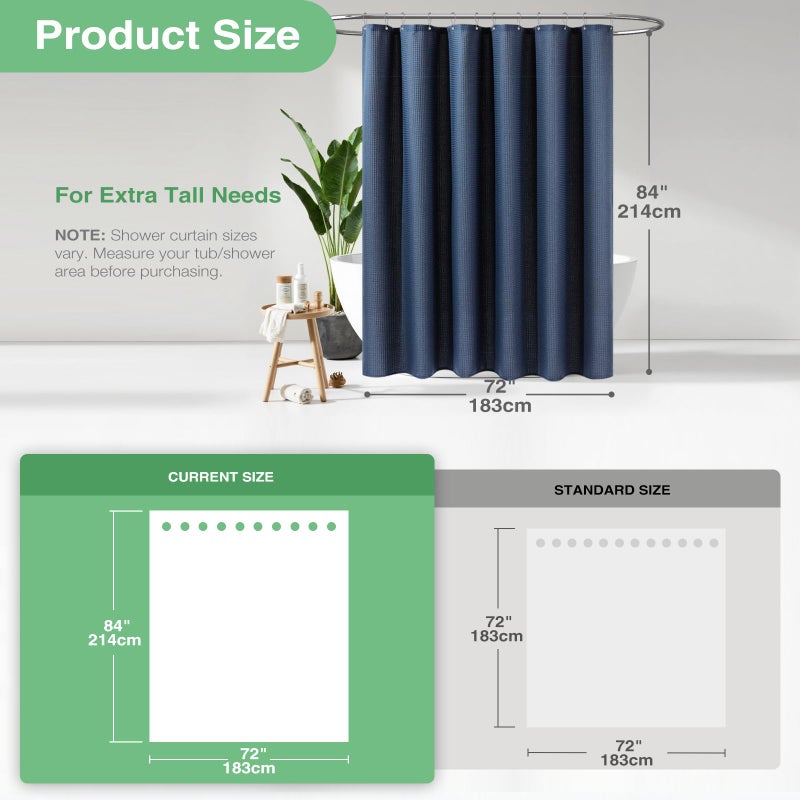 Dynamene Extra Long Shower Curtain,84 Inch Long Waffle Weave Weighted Thick Cloth Bathroom Shower Curtain, Neutral Heavy Duty Hotel Bath Curtain Set with 12 Plastic Hooks,72x84,Navy Blue - Image 3