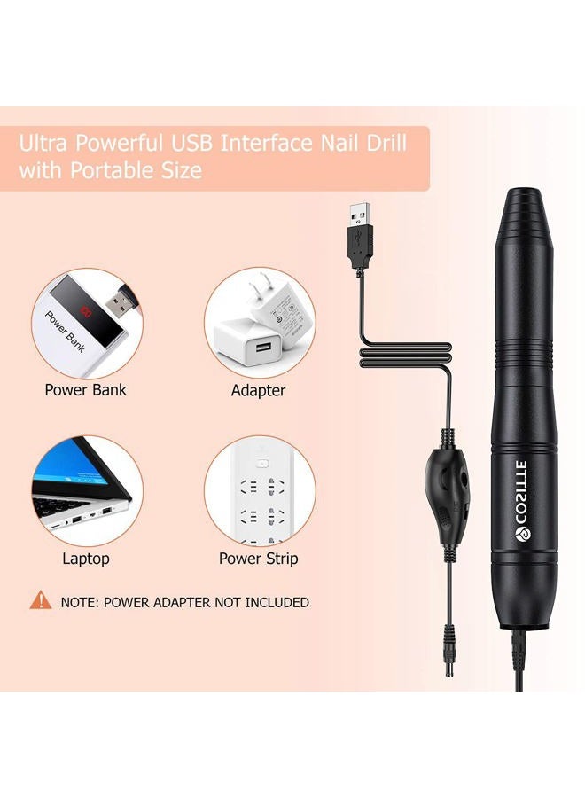 COSITTE Electric Nail Drill, USB Electric Nail Drill Machine for Acrylic Nails, Portable Electrical Nail File Polishing Tool Manicure Pedicure Efile Nail Supplies for Home and Salon Use Black - Image 2