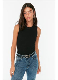 Black Crew Neck Crop Knitwear Blouse