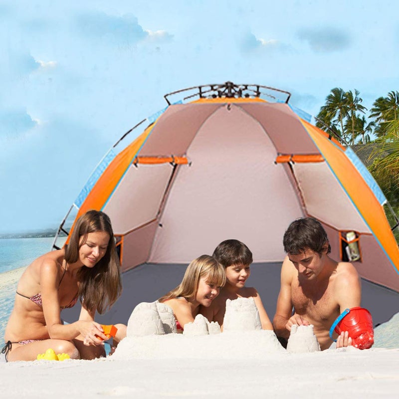 Oileus X-Large 4 Person Beach Tent Sun Shelter - Portable Sun Shade Instant Tent for Beach with Carrying Bag, Stakes, 6 Sand Pockets, Anti UV for Fishing Hiking Camping, Waterproof Windproof, Orange - Image 5