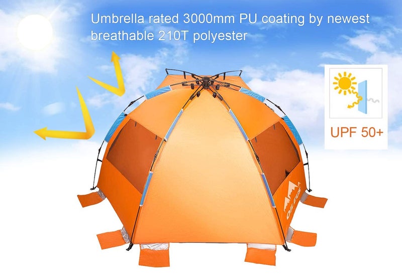 Oileus X-Large 4 Person Beach Tent Sun Shelter - Portable Sun Shade Instant Tent for Beach with Carrying Bag, Stakes, 6 Sand Pockets, Anti UV for Fishing Hiking Camping, Waterproof Windproof, Orange - Image 4