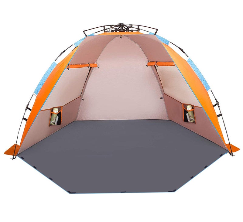 Oileus X-Large 4 Person Beach Tent Sun Shelter - Portable Sun Shade Instant Tent for Beach with Carrying Bag, Stakes, 6 Sand Pockets, Anti UV for Fishing Hiking Camping, Waterproof Windproof, Orange - Image 1