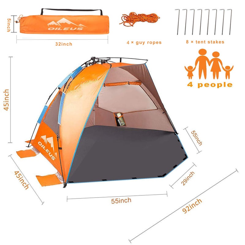 Oileus X-Large 4 Person Beach Tent Sun Shelter - Portable Sun Shade Instant Tent for Beach with Carrying Bag, Stakes, 6 Sand Pockets, Anti UV for Fishing Hiking Camping, Waterproof Windproof, Orange - Image 2
