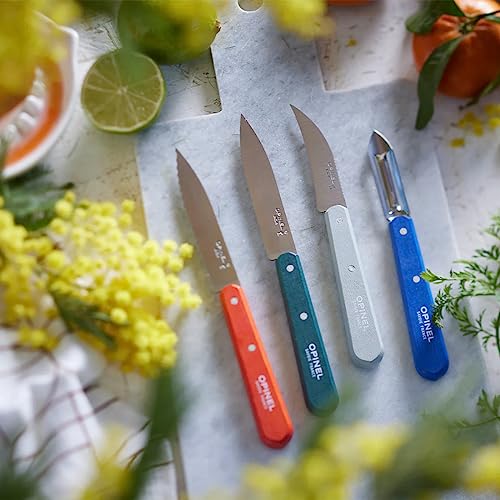 Opinel Les Essentials Small Kitchen 4 Piece Knife Set - Paring Knife, Serrated Knife, Peeler, Vegetable Knife, Corrosion Resistant High Carbon Steel, Made in France (Art Deco) - Image 5