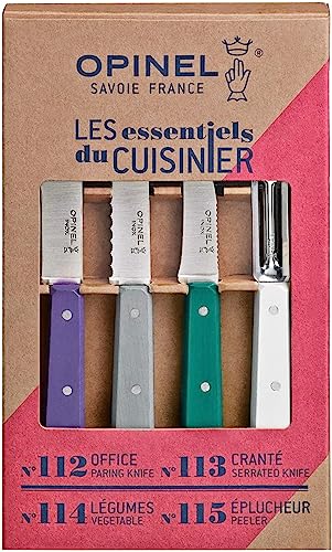 Opinel Les Essentials Small Kitchen 4 Piece Knife Set - Paring Knife, Serrated Knife, Peeler, Vegetable Knife, Corrosion Resistant High Carbon Steel, Made in France (Art Deco) - Image 2