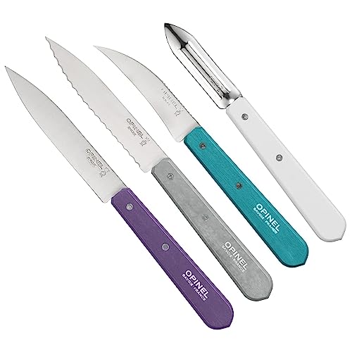 Opinel Les Essentials Small Kitchen 4 Piece Knife Set - Paring Knife, Serrated Knife, Peeler, Vegetable Knife, Corrosion Resistant High Carbon Steel, Made in France (Art Deco) - Image 1