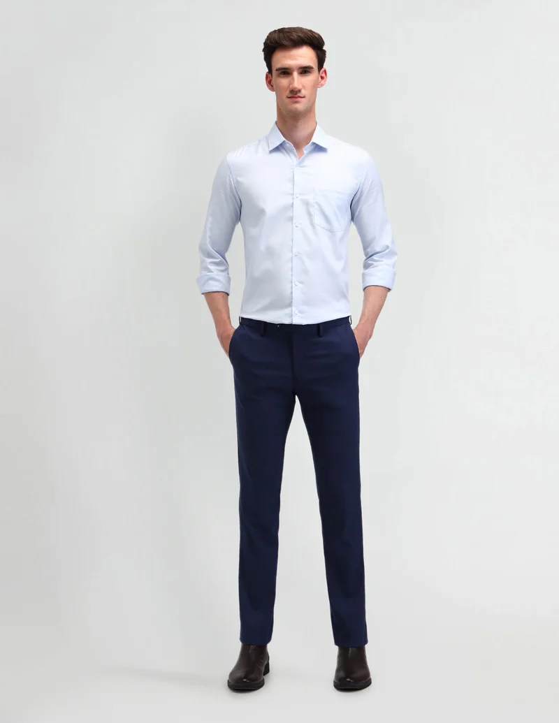 Arrow Navy Mid Rise Dobby Trousers for Men | Best Price UAE