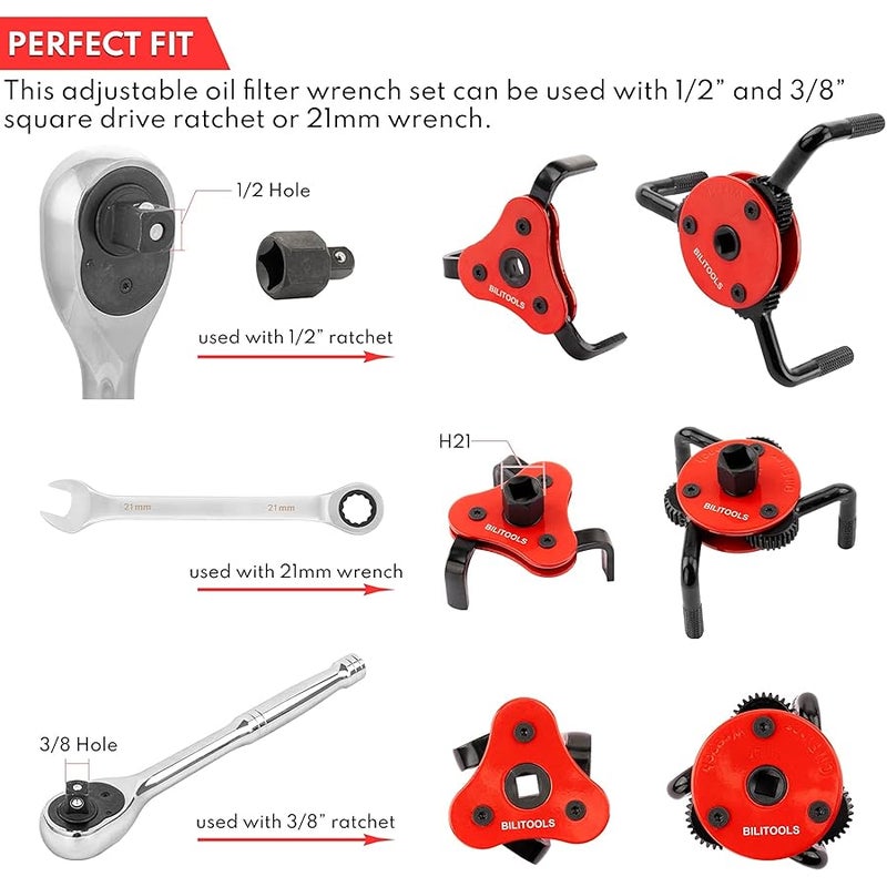 BILITOOLS Universal Oil Filter Wrench Removal Tool Adjustable, 2 Piece 2-1/2 to 4 inch & 3 to 5-1/2 inch, 1/2 Drive - Image 4