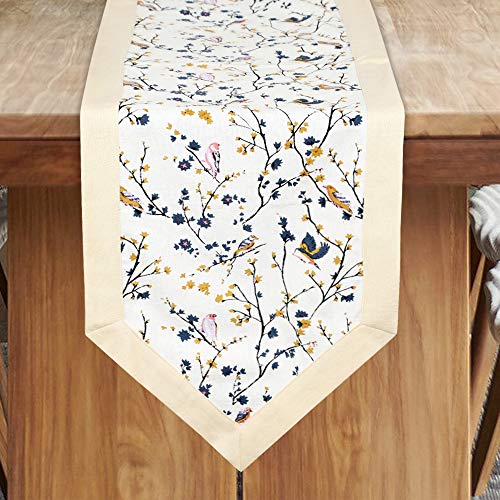 Dekor World 1 Piece Cotton Mini Bird Printed Cream Table Runner-(33x240 cm)-8 Seater Dinning & Center Table - Image 1